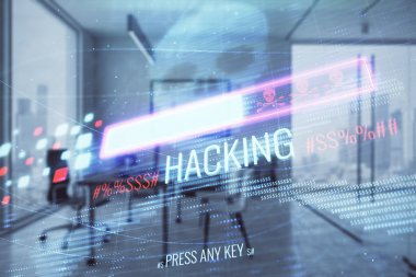 Minimalist kabine iç arka plan ile siber korsanlık hologram. Çift pozlama. Hacking kavramı.