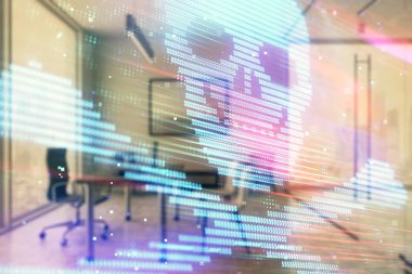 Minimalist kabine iç arka plan ile siber korsanlık hologram. Çift pozlama. Hacking kavramı.