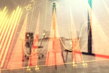Minimalist kabine iç arka plan ile Forex grafik hologram. Çift pozlama. Hisse senedi piyasası konsepti.