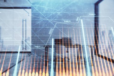 Minimalist kabine iç arka plan ile Forex grafik hologram. Çift pozlama. Hisse senedi piyasası konsepti.