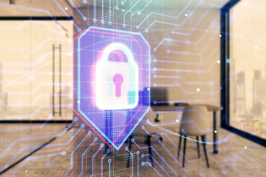 minimalist dolap iç arka plan ile kilit işareti hologram. Çifte pozlama. Veri güvenliği kavramı.