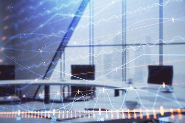 Konferans odası arka planda Forex çizelgesine çift pozlama. Hisse senedi piyasası analizi konsepti