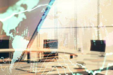 Konferans odası arka planda dünya hologram ile hisse senedi piyasası grafik çift pozlama. Uluslararası Finans konsepti