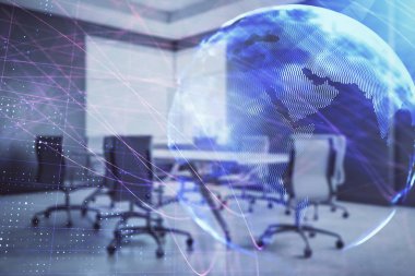 Konferans odası arka planda dünya hologram çift pozlama. Uluslararası iş konsepti
