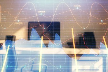 Hisse senedi piyasası grafik ve masaüstü ofis bilgisayar arka plan. Çok pozlama. Finansal analiz konsepti.