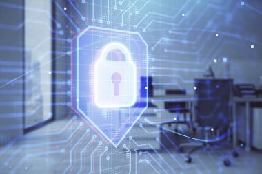 Arka planda ofis iç ile çizim kilit simgesi. Çift pozlama. Veri güvenliği kavramı