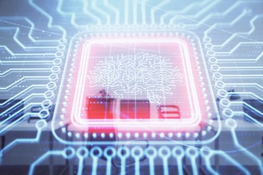 Arka planda ofis iç ile insan beyni çizim. Çift pozlama. Yenilik konsepti.