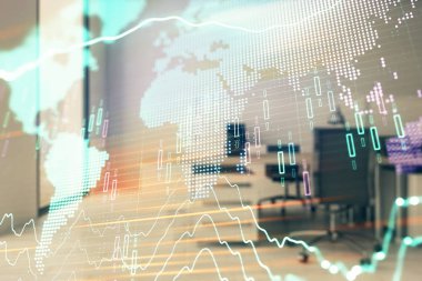 Stok ve tahvil piyasa grafik ve arka planda ticaret masası banka Ofisi İç ile dünya haritası. Çok pozlama. Uluslararası Finans konsepti