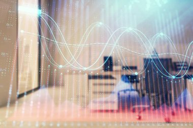 Ticaret masası banka ofisi iç arka planda stok piyasa şeması. Çift pozlama. Finansal analiz konsepti