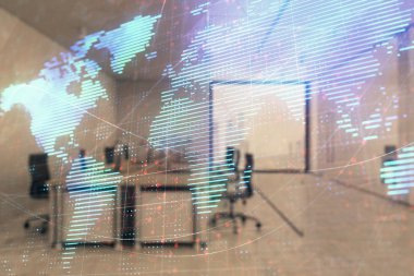 Arka planda ticaret masası banka ofisi iç dünya haritası. Çoklu pozlama. Uluslararası finans kavramı