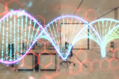 Arka planda ofis iç ile DNA çizim. Çifte pozlama. Eğitim kavramı