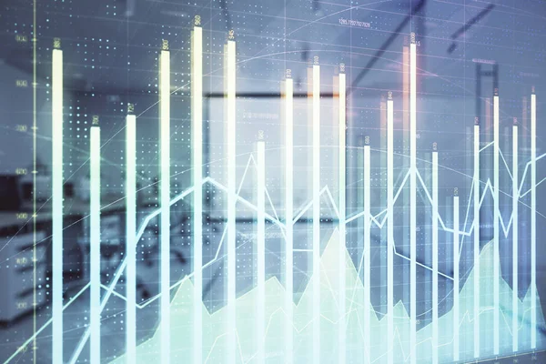 Börsdiagram med Trading Desk bankkontor interiör på bakgrunden. Dubbel exponering. Begreppet finansiell analys — Stockfoto