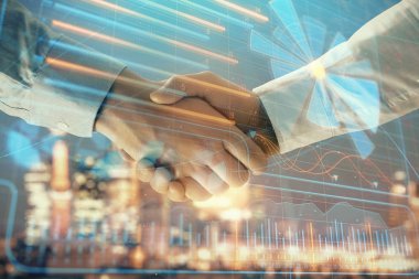 El sıkışması ile Cityscape arka planda çizim iş teması çift pozlama. Ortaklık konsepti