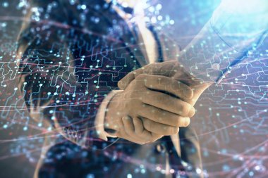 İki erkek el sıkışma ile soyut arka plan üzerinde teknoloji çizim çift pozlama. Modern iş dünyasında teknoloji kavramı