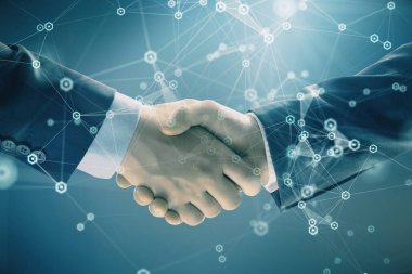 İki erkek el sıkışma ile soyut arka plan üzerinde teknoloji çizim çift pozlama. Modern iş dünyasında teknoloji kavramı