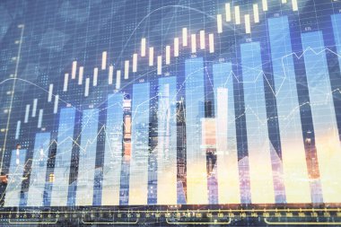 Moskova şehir merkezi arka planda mali grafik çift pozlama. Hisse senedi piyasası analizi konsepti