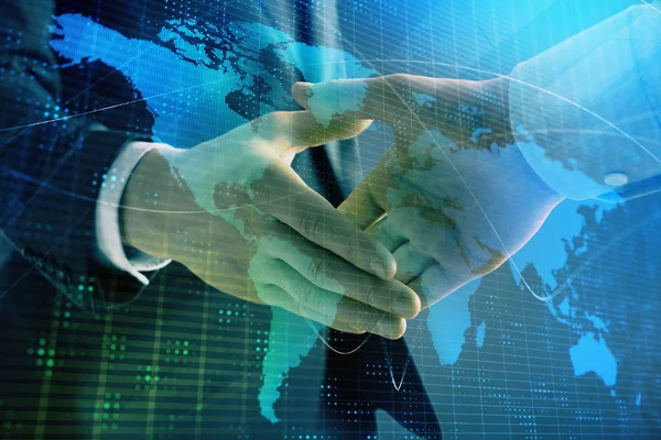 Multi exposure of world map on abstract background with two businessmen handshake. Concept of international business