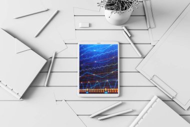 Dijital tablet ekranda mali grafik ile üst görünüm çekim. Online işlem uygulama konsepti. 3B işleme.
