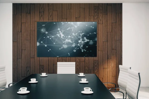 Conference room interior with abstract technology picture on screen monitor on the wall. Data innovation concept. 3d rendering.