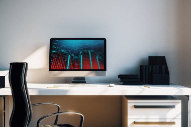 Bilgisayar ekranında finansal grafikler ve grafikler ile kabine masaüstü iç. Hisse senedi piyasası analizi ve ticaret kavramı. 3B işleme.