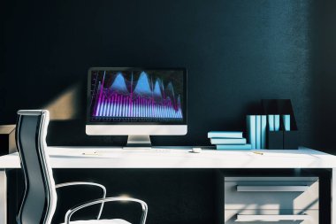 Bilgisayar ekranında finansal grafikler ve grafikler ile kabine masaüstü iç. Hisse senedi piyasası analizi ve ticaret kavramı. 3B işleme.
