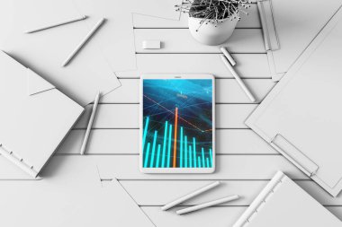 Dijital tablet ekranda mali grafik ile üst görünüm çekim. Online işlem uygulama konsepti. 3B işleme.