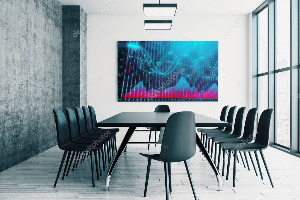 Conference room interior with financial chart on screen monitor on the wall. Stock market analysis concept. 3d rendering.