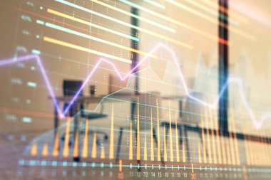 Minimalist kabine iç arka plan ile Forex grafik hologram. Çift pozlama. Hisse senedi piyasası konsepti.