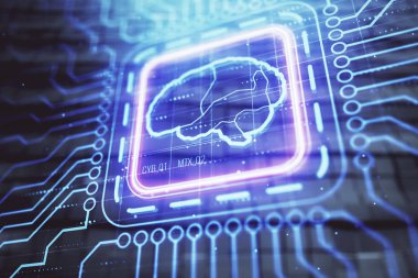 Soyut arka planlı beyin çizim hologramı. Çoklu pozlama. Veri teknolojisi kavramı.