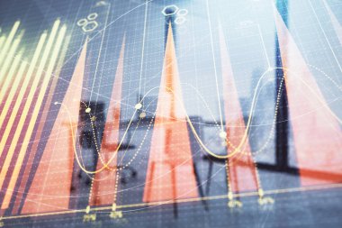 Minimalist kabine iç arka plan ile Forex grafik hologram. Çift pozlama. Hisse senedi piyasası konsepti.