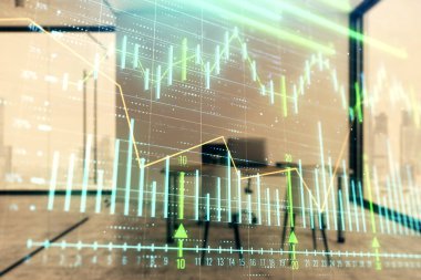 Minimalist kabine iç arka plan ile Forex grafik hologram. Çift pozlama. Hisse senedi piyasası konsepti.