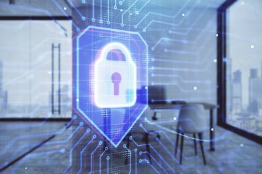 minimalist dolap iç arka plan ile kilit işareti hologram. Çifte pozlama. Veri güvenliği kavramı.