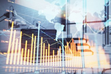 Dünya hologram ve masaüstü ofis bilgisayar arka plan ile hisse senedi piyasası grafik. Çok pozlama. Finansal analiz konsepti.