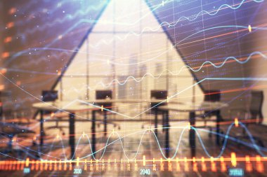 Konferans odası arka planda Forex çizelgesine çift pozlama. Hisse senedi piyasası analizi konsepti