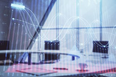 Konferans odası arka planda Forex çizelgesine çift pozlama. Hisse senedi piyasası analizi konsepti