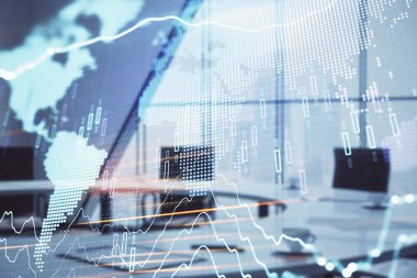 Konferans odası arka planda dünya hologram ile hisse senedi piyasası grafik çift pozlama. Uluslararası Finans konsepti