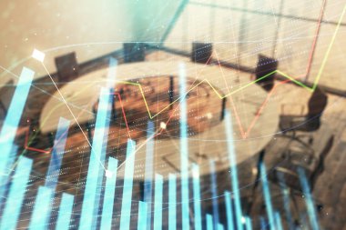 Konferans odası arka planda Forex çizelgesine çift pozlama. Hisse senedi piyasası analizi konsepti