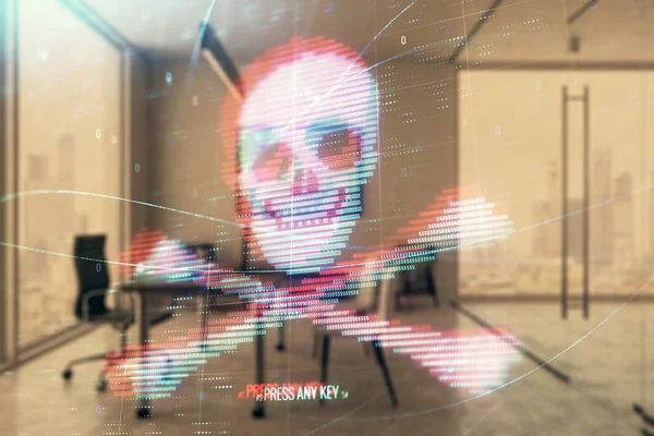 Hologramm der Cyberpiraterie mit minimalistischem Hintergrund im Inneren des Kabinetts. Doppelbelichtung. Hacker-Konzept. — Stockfoto