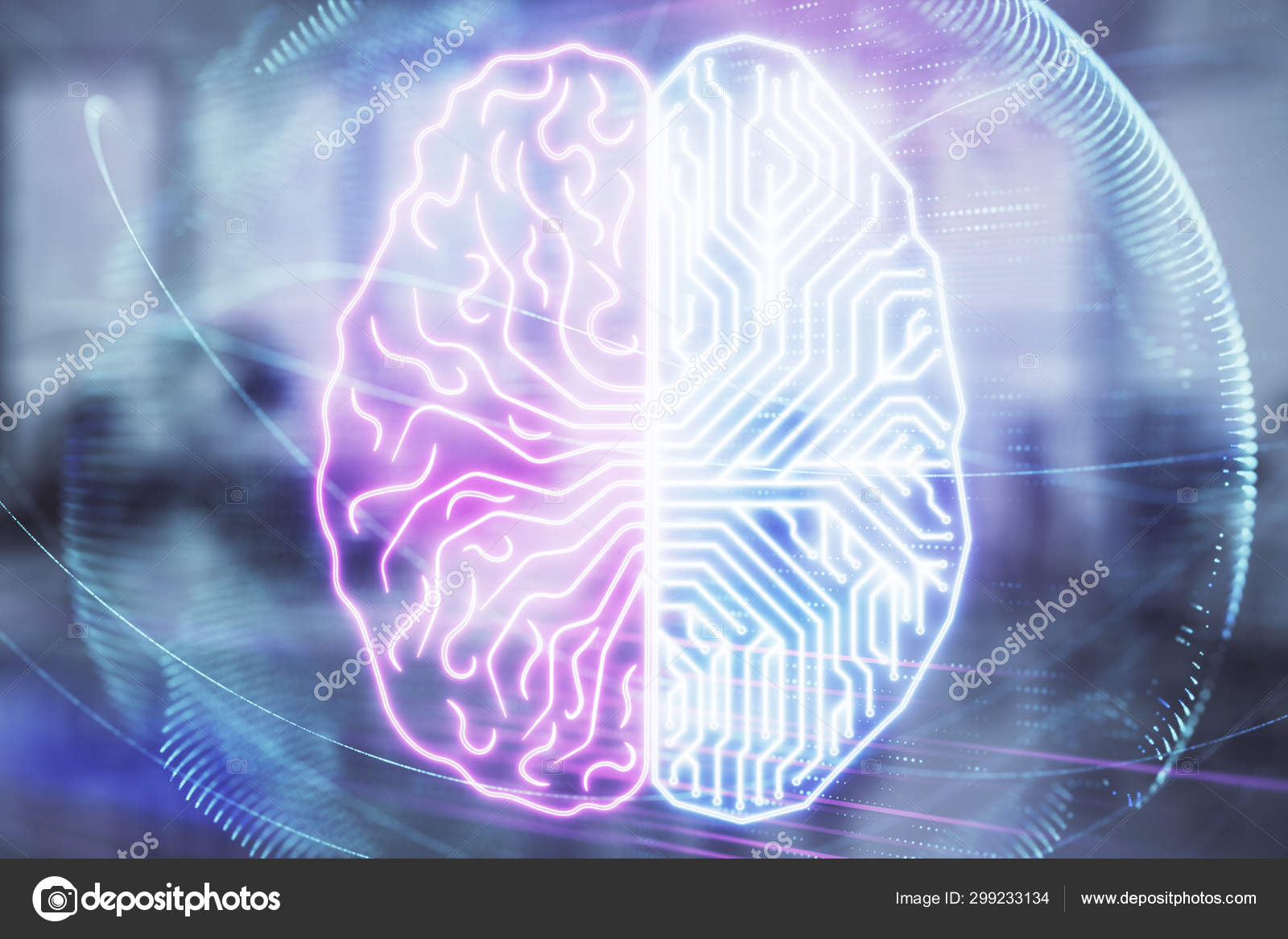 Human Brain Drawing With Office Interior On Background