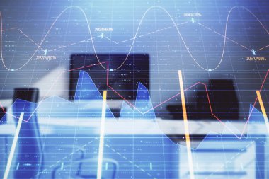 Hisse senedi piyasası grafik ve masaüstü ofis bilgisayar arka plan. Çok pozlama. Finansal analiz konsepti.