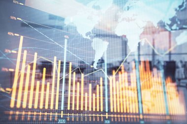 Stok ve tahvil piyasa grafik ve arka planda ticaret masası banka Ofisi İç ile dünya haritası. Çok pozlama. Uluslararası Finans konsepti