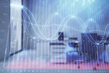 Ticaret masası banka ofisi iç arka planda stok piyasa şeması. Çift pozlama. Finansal analiz konsepti