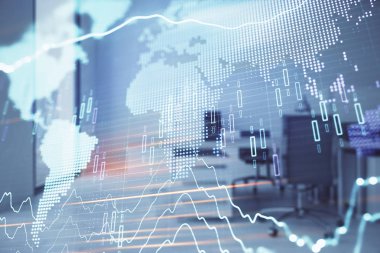 Stok ve tahvil piyasa grafik ve arka planda ticaret masası banka Ofisi İç ile dünya haritası. Çok pozlama. Uluslararası Finans konsepti