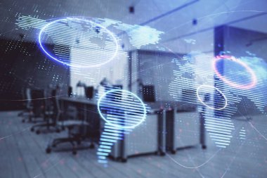 Arka planda ticaret masası banka ofisi iç dünya haritası. Çoklu pozlama. Uluslararası finans kavramı