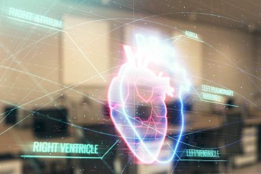 Arka planda ofis iç ile Kalp çizim. Çifte pozlama. Tıp eğitimi kavramı