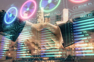 El sıkışması ile Cityscape arka planda çizim iş teması çift pozlama. Ortaklık konsepti