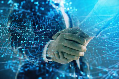 İki erkek el sıkışma ile soyut arka plan üzerinde teknoloji çizim çift pozlama. Modern iş dünyasında teknoloji kavramı