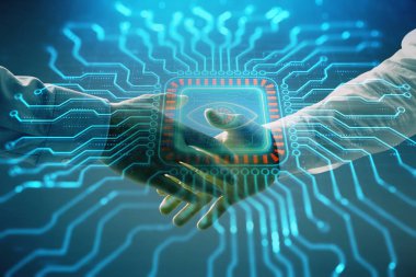 İki erkek el sıkışma ile soyut arka plan üzerinde teknoloji çizim çift pozlama. Modern iş dünyasında teknoloji kavramı