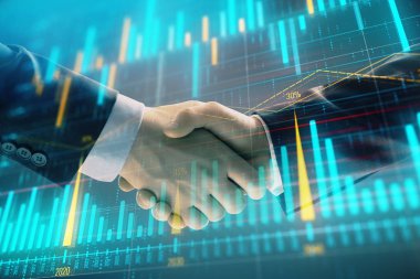 İki işadamı el sıkışması ile soyut arka planda Forex grafik Multi pozlama. Hisse senedi piyasasında başarı kavramı