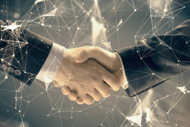 İki erkek el sıkışma ile soyut arka plan üzerinde teknoloji çizim çift pozlama. Modern iş dünyasında teknoloji kavramı